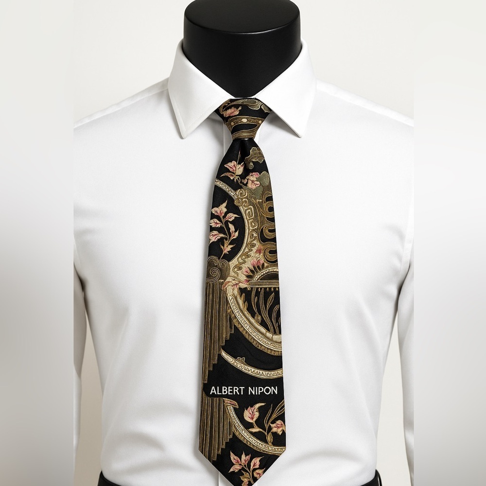 Albert Nipon 100% Silk Tie Vintage Baroque Floral Pattern Black Gold Green 58”
